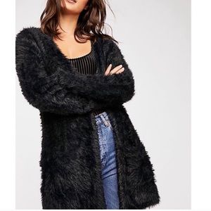 Free People Black Faux Fur Button Cardigan